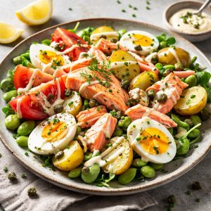 Garlicky salmon and broad bean salad