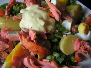 Garlicky salmon and broad bean salad