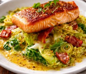 Salmon steaks with bacon, cabbage and leeks