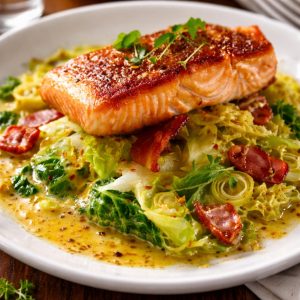 Salmon steaks with butter braised bacon