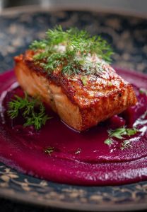 horseraddish salmon with creamed beetroot sauce