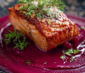 Horseradish salmon with a roasted beetroot sauce