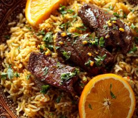 Liver and orange with cheese pilaf