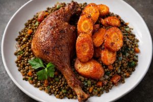 Slow roast duck legs with lentils