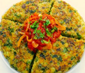 Parsnip bubble and squeak with chunky tomato sauce