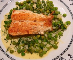fried salmon with shaken peas