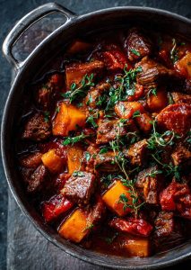 beef, chorizo and sweet potato stew