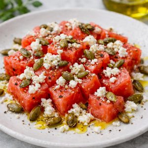 Water melon, feta and pumpkin seed salad