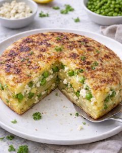 Potato tortilla with feta and peas