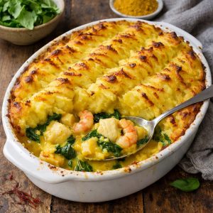 Spiced fish and prawn pie