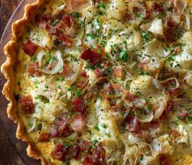 Smoked bacon, sour cream and leek tart