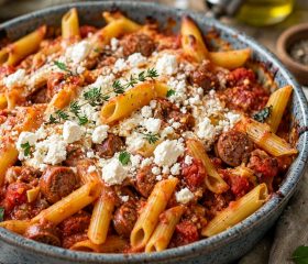 Spicey merguez pasta bake