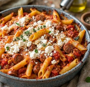 Spicy merguez pasta bake